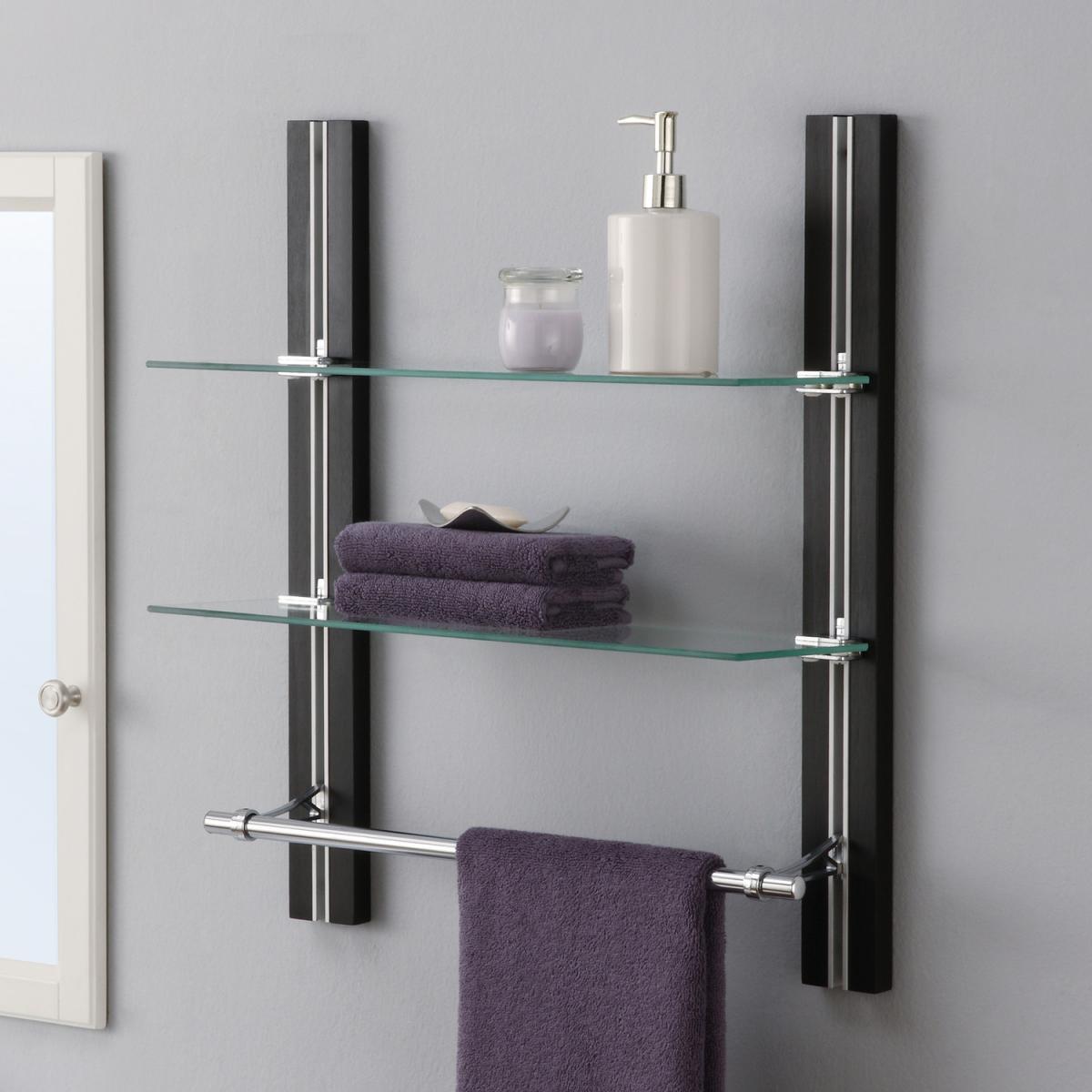 Bathroom Glass Shelf Organizer with Towel Holder 2 Tire Adjustable